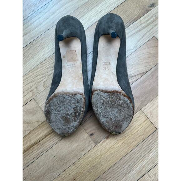 Gucci Women's 38.5 Heels Open Toe Pumps Suede Olive Green Taupe FLAWED Sz 8.5 - Picture 10 of 16